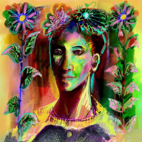 mixed media portrait of a women with bright colors and flowers